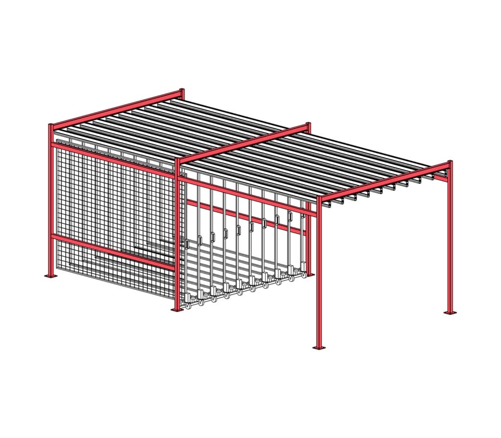 Technical drawing of art storage mounting with free standing steel structure